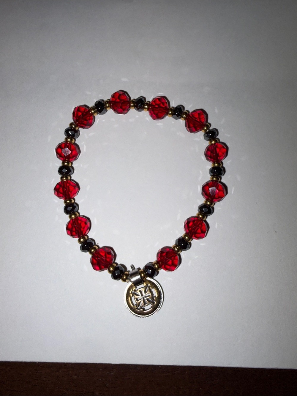 Rustic Cuff Red Crystal Beaded Bracelet with Gold Accent Charm